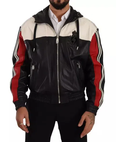 Pre-owned Dolce & Gabbana Black Leather Hooded Blouson Men's Jacket () In Multi