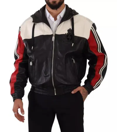 Pre-owned Dolce & Gabbana Black Leather Hooded Blouson Men's Jacket () In Multi