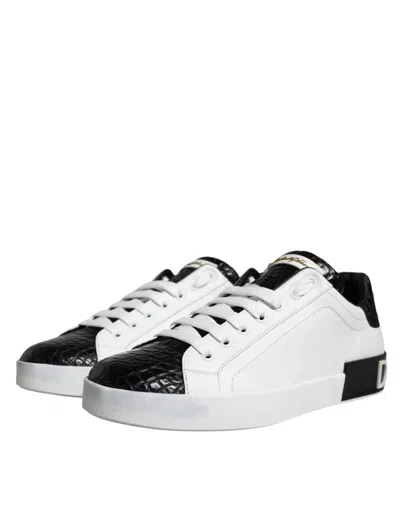 Pre-owned Dolce & Gabbana Black Leather Logo Portofino Sneaker Men's Shoes () In Multi
