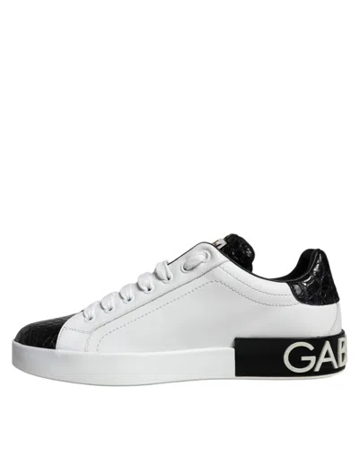 Pre-owned Dolce & Gabbana Black Leather Logo Portofino Sneaker Men's Shoes () In Multi