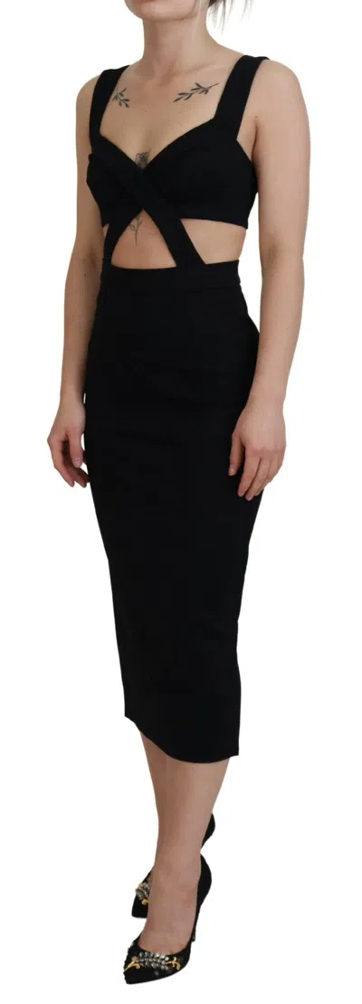Dolce & Gabbana Black Viscose Bodycon Sheath Midi Women's Dress In Black
