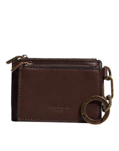 Pre-owned Dolce & Gabbana Brown Leather Zip Logo Keyring Coin Purse Keyring Men's Wallet ()