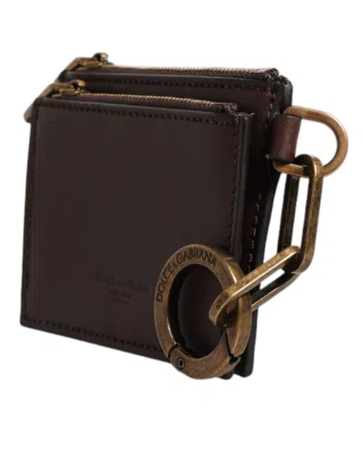 Pre-owned Dolce & Gabbana Brown Leather Zip Logo Keyring Coin Purse Keyring Men's Wallet ()