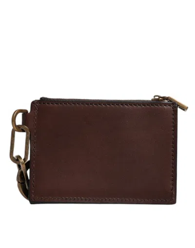 Pre-owned Dolce & Gabbana Brown Leather Zip Logo Keyring Coin Purse Keyring Men's Wallet ()