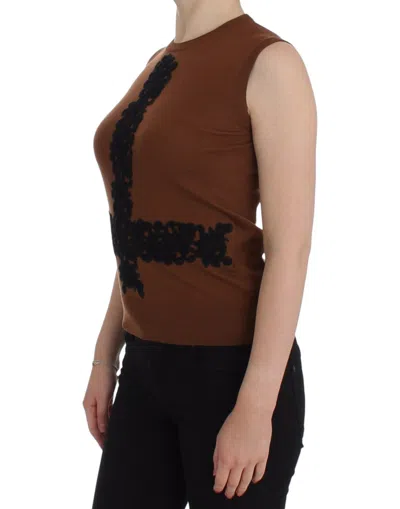 Dolce & Gabbana Brown Wool Black Lace Vest Sweater Women's Top In Sand