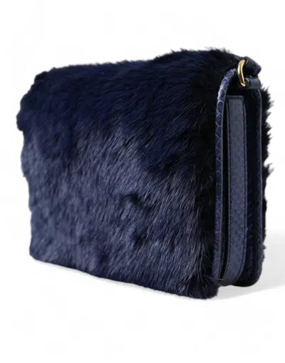 Dolce & Gabbana Dark Blue Fur Ayers Lily Twist Crossbody Shoulder Women's Bag In Blue