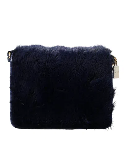 Dolce & Gabbana Dark Blue Fur Ayers Lily Twist Crossbody Shoulder Women's Bag In Blue