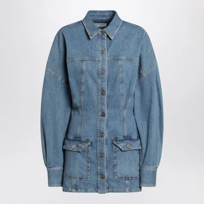 Attico Denim Mini Dress Front Pockets Long Sleeves In Blue