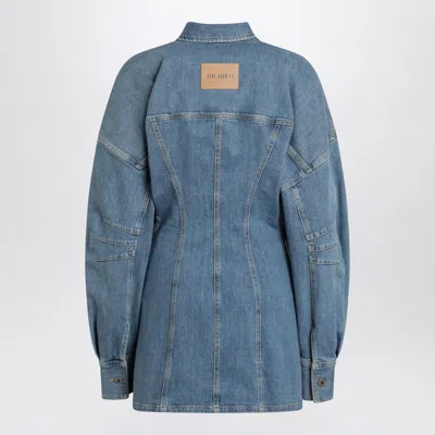 Attico Denim Mini Dress Front Pockets Long Sleeves In Blue