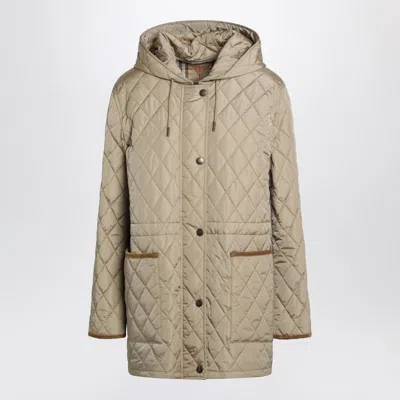 Burberry Quilted Hooded Nylon Coat Front Pockets Long In Brown