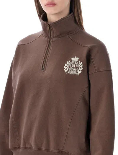 Sporty And Rich New York Crest Quarter Zip Top In Brown