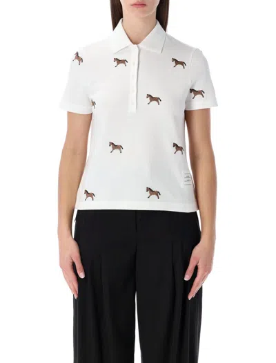 Thom Browne Short Sleeve Polo W/ Horse Half Drop Emb In White