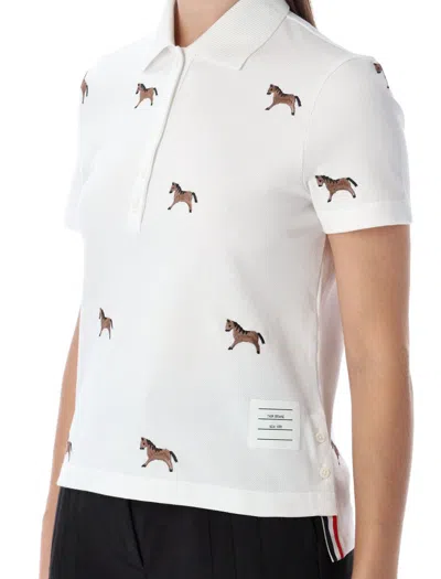 Thom Browne Short Sleeve Polo W/ Horse Half Drop Emb In White