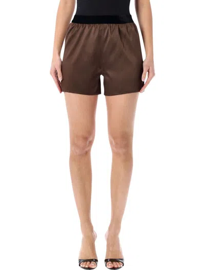 Tom Ford Silk Satin Relaxed Waistband Shorts In Brown