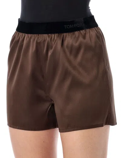 Tom Ford Silk Satin Relaxed Waistband Shorts In Brown