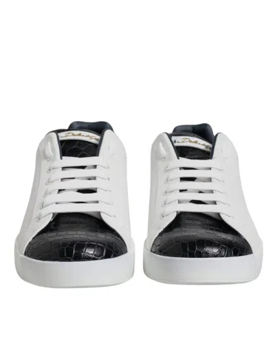 Pre-owned Dolce & Gabbana White Black Leather Portofino Sneaker Men's Shoes () In Multi