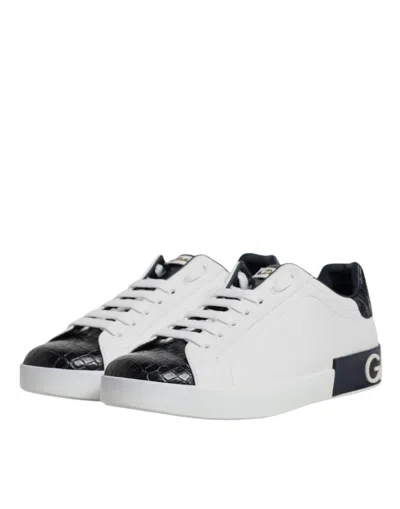 Pre-owned Dolce & Gabbana White Black Leather Portofino Sneaker Men's Shoes () In Multi