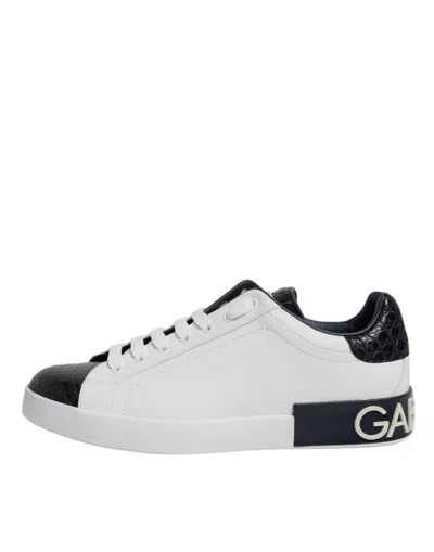 Pre-owned Dolce & Gabbana White Black Leather Portofino Sneaker Men's Shoes () In Multi