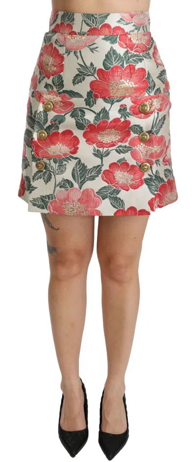 Dolce & Gabbana White Green Red Floral High Waist Mini Women's Skirt In White