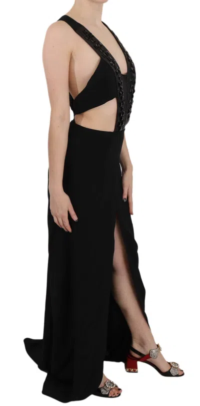 John Richmond Black Crystal Leather Gown Flare Women's Dress In Black