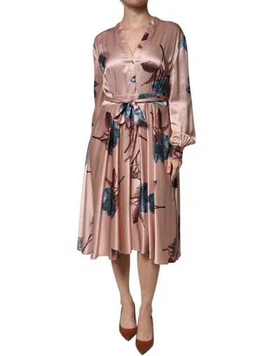 Pre-owned L'autre Chose Pink Satin Floral Long Sleeves A-line Midi Women's Dress ()