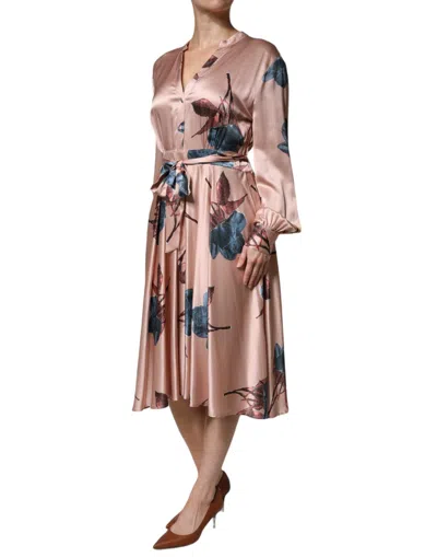 Pre-owned L'autre Chose Pink Satin Floral Long Sleeves A-line Midi Women's Dress ()
