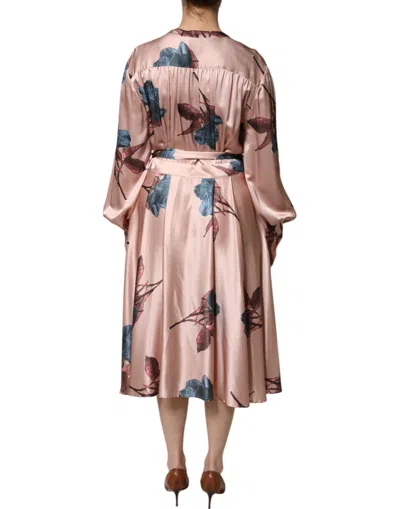 Pre-owned L'autre Chose Pink Satin Floral Long Sleeves A-line Midi Women's Dress ()
