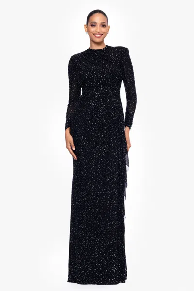 Betsy & Adam Rhinestone Long Sleeve Stretch Gown In Blue