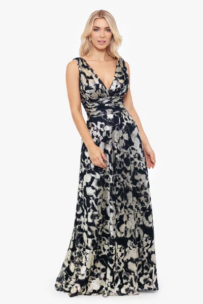 Betsy & Adam "maria" Long Foil V-neck Floor Length Dress In Multi