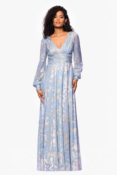 Betsy & Adam Foil Pattern Long Sleeve Gown In Blue