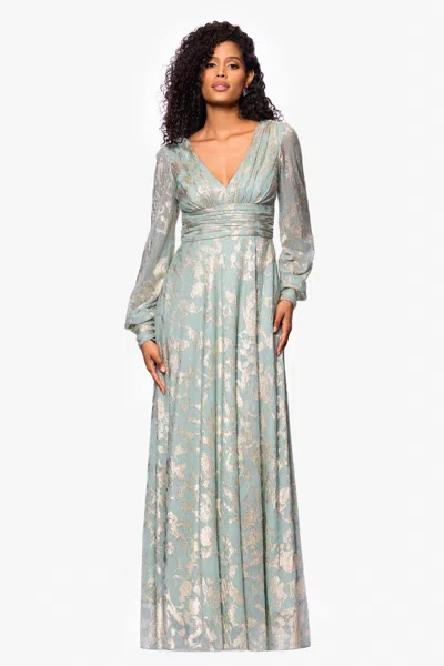 Betsy & Adam Foil Pattern Long Sleeve Gown In Blue