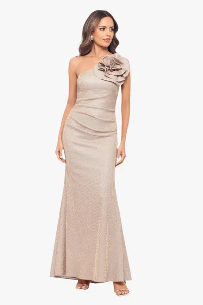 Betsy & Adam Galaxy Flower One-shoulder Gown In Gray
