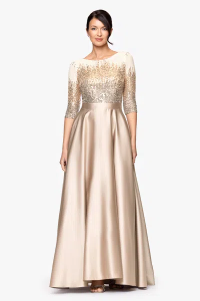 Betsy & Adam Quinn Embellished Sequin Ball Gown In Mocha In Neutral