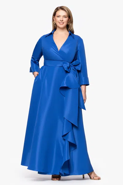 Betsy & Adam Plus "beverly" Taffeta 3/4 Sleeve V-neck A-line Bow And Ruffle Floor Length Dress In Blue