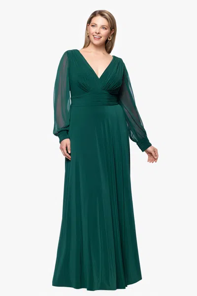 Betsy & Adam Plus Chiffon Long Sleeve V Neck Gown In Green