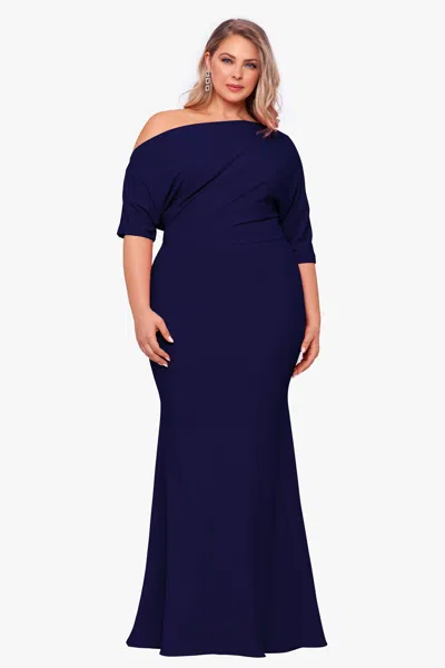 Betsy & Adam Plus "madeline" Long Scuba Crepe Off The Shoulder Drop Dress In Blue