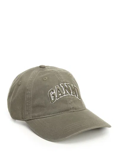 Ganni Green Baseball Cap With Logo Lettering Embroidery On The Front And Logo Patch On The Rear In Cotton  In Green
