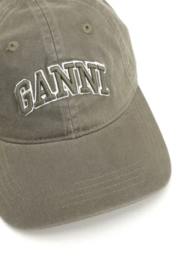 Ganni Green Baseball Cap With Logo Lettering Embroidery On The Front And Logo Patch On The Rear In Cotton  In Green