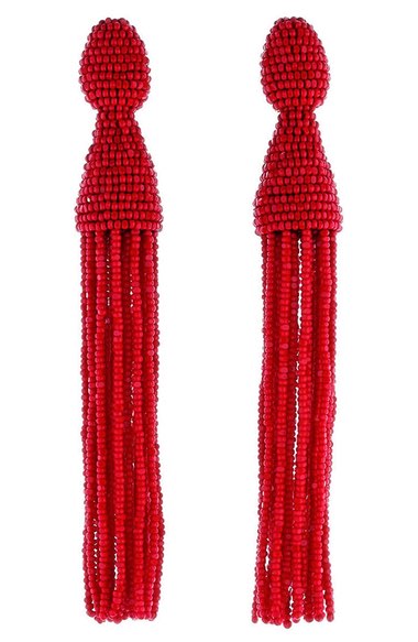 Oscar De La Renta Bead-embellished Tassel-drop Clip-on Earrings In Red ...