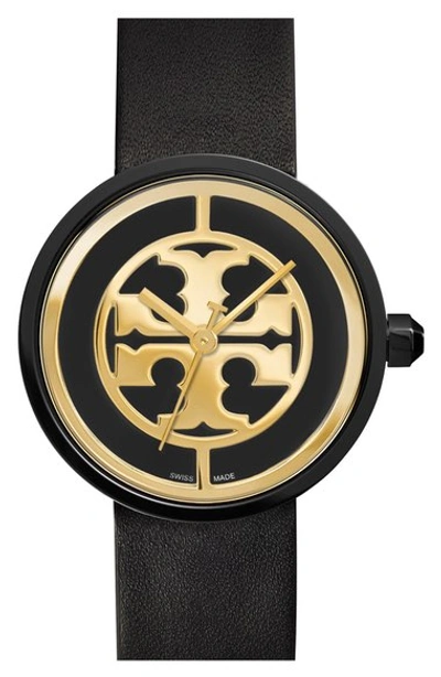 Tory Burch Reva Goldtone Stainless Steel & Leather Strap Watch/black