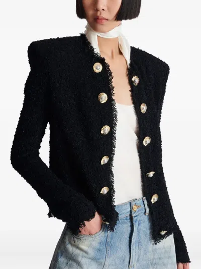Balmain Edge-to-edge Silky Tweed Jacket In Black
