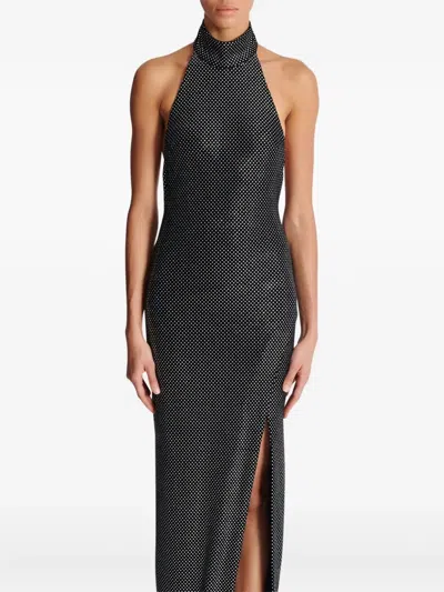Balmain Long Velvet Halterneck Dress With Rhinestones In Black
