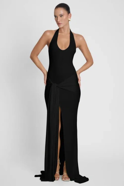 Leau Heaven Halter Jersey Knot Maxi Dress In Black