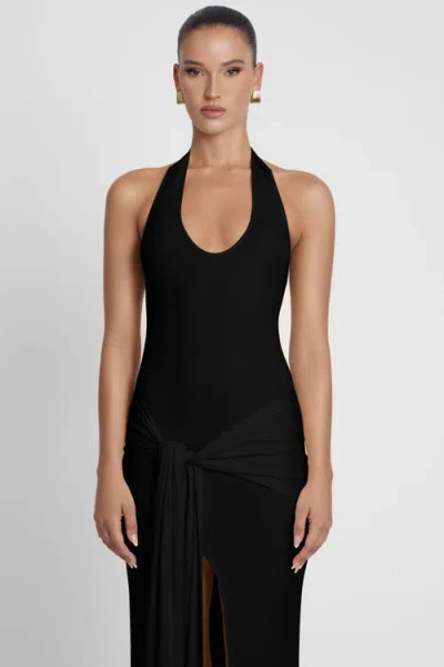 Leau Heaven Halter Jersey Knot Maxi Dress In Black