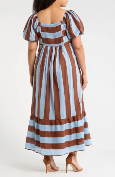 Sugarlips Evabella Xena Stripe Puff Sleeve Cotton Maxi Dress In Brown