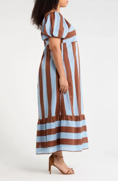Sugarlips Evabella Xena Stripe Puff Sleeve Cotton Maxi Dress In Brown
