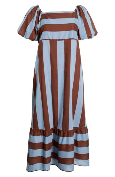 Sugarlips Evabella Xena Stripe Puff Sleeve Cotton Maxi Dress In Brown