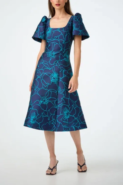 Trina Turk Valla Square Neck Jacquard Midi Dress In Blue