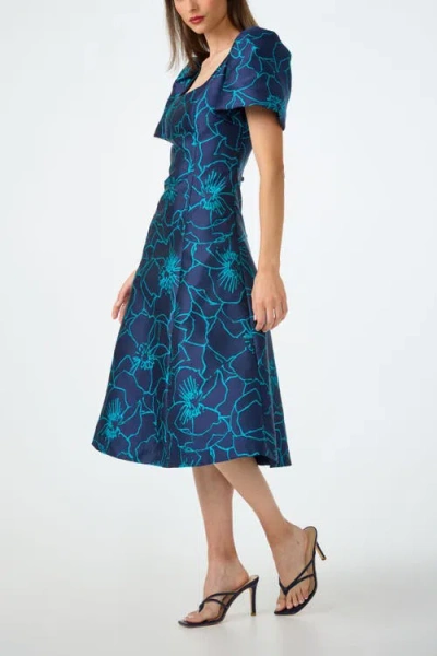 Trina Turk Valla Square Neck Jacquard Midi Dress In Blue