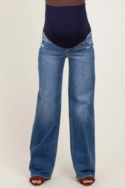 Pinkblush Lightly Distressed Wide Leg Maternity Jeans In Blue